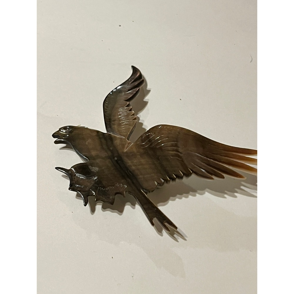 Vintage Hand Carved Natural Horn Eagle Brooch Pin Brown Flying Bird of Prey